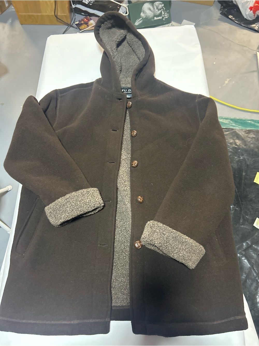 adidas Brown Hooded Pea Coat with Gray Sherpa Trim